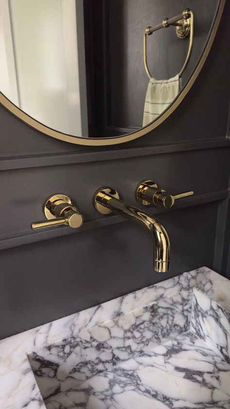 Gold Hardware for Moody Powder Room Jamie Rose Interiors, Modern Organic Powder Room, Powder Room Mirror Ideas, Amber Interiors Bathroom, Marble Sink Powder Room, Dark Powder Room, Powder Room Inspiration, Modern Organic Bathroom, Moody Powder Room