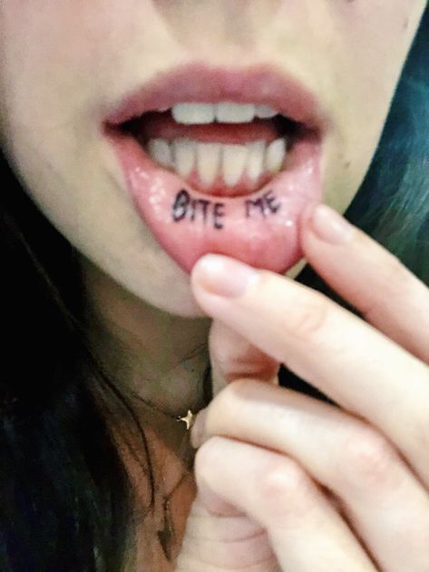 Bite Me Lip Tattoo, Bite Me Tattoo Buttcheek, Inside Lip Tattoos, Eat Me Tattoo Ideas, Lip Tattoo Ideas, Bite Me Tattoo, Bite Mark Tattoo, Bite Tattoo, Inner Lip Tattoo