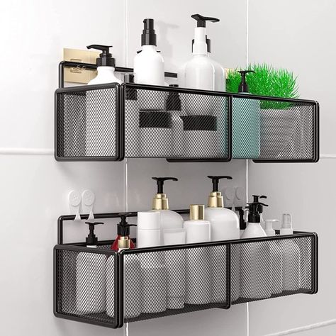 Corner Shelves Kitchen, Black Wall Shelves, Bathroom Corner Shelf, Bathroom Shelf Organization, Wall Mounted Bathroom Storage, Toilet Shelves, Bilik Air, Kitchen Basket Storage, Matte Black Bathroom