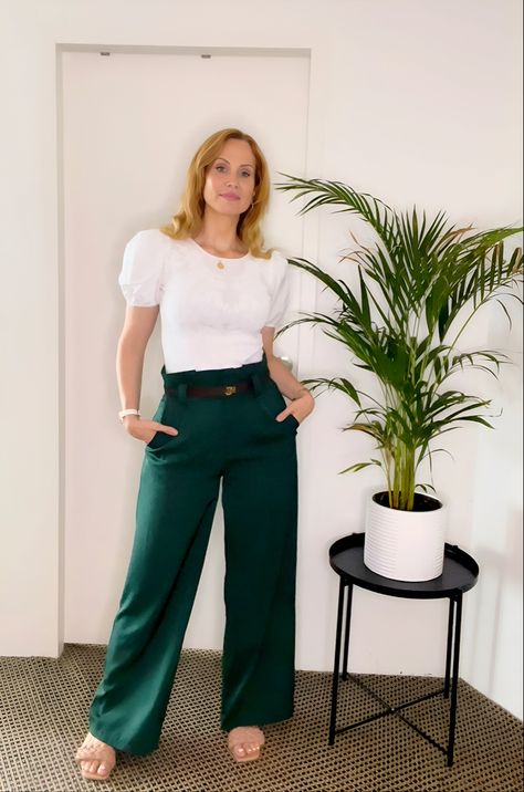 Dark Green Flare Pants Outfit, Emerald Trousers Outfit, Colored Slacks Outfit, Green Wide Leg Pants Outfit Fall, Emerald Green Wide Leg Pants Outfits, Dark Green Dress Pants Outfits, Emerald Green Trousers Outfit, Emerald Green Slacks Outfit Women, How To Style Green Wide Leg Pants