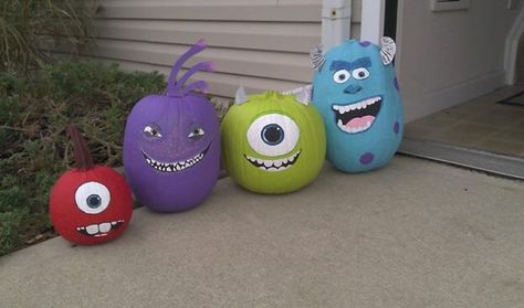 Halloween 2013! All the pumpkins I painted for our doorstep. Monsters Inc./University themed. Monster Inc Painted Pumpkin, Monsters Inc Pumpkin Painting Ideas, Pumpkin Painting Ideas Monsters Inc, Monster Inc Halloween Decor, Monster Ink Pumpkin Painting, Trunk Or Treat Monsters Inc, Monster Inc Pumpkin, Monster Inc Pumpkin Ideas, Monsters Inc Trunk Or Treat Ideas