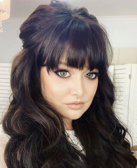 Sixties Half Up Hair, 1960s Half Up Half Down Hair, Old Hollywood Hairstyles With Bangs, Long Hair With Bangs Wedding Hairstyles, Half Up Beehive Hair, Half Up Do With Bangs, Bouffant Half Up Half Down, 60s Half Up Half Down Hair, Bangs Half Up Half Down