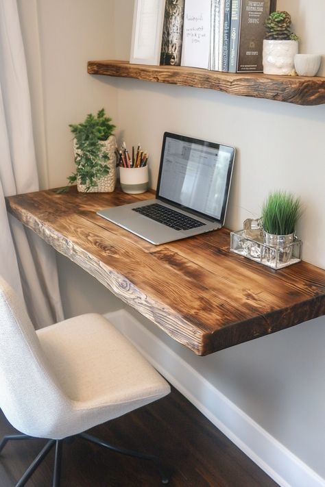 "Create a cozy workspace with a DIY Rustic Wood Floating Desk! 🪵✨ Perfect for small spaces, this project combines style and function, adding a rustic charm to your home office. Get crafting and make work-from-home more enjoyable! 🏡💼 #RusticDecor #DIYDesk #HomeOffice" Rustic Home Decor Minimalist, How To Make A Desk Diy, Homemade Desk Ideas, Rustic Desk Ideas, Home Office Ideas For Small Spaces, Simple Wood Desk, Floating Desk Diy, Farmhouse Desk Diy, Bachelor Living Room