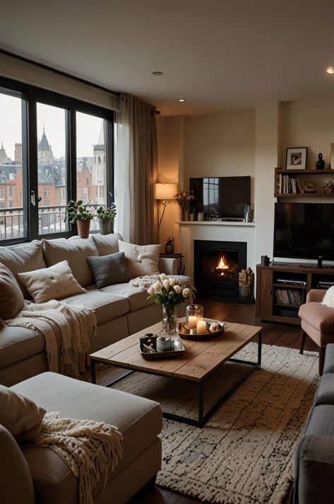 Cute Modern Apartment Ideas, Manhattan Home Decor, Boho Brown Living Room, White And Brown House Interior Design, Warm Home Interior Design, Brown And White Apartment, Apt Living Room Ideas, Warm Natural Living Room, Living Room Designs Earthy