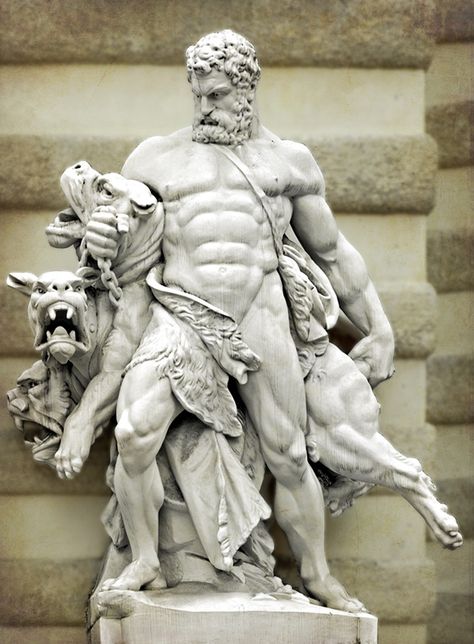 Hercules And Cerberus. Located At the Hofburg Palace, Vienna. Work Of Antonin Pavel Wagner (1834-1895) Statue Tattoo, Classic Sculpture, Greek Statues, Roman Sculpture, Mythology Tattoos, Greek And Roman Mythology, Greek Sculpture, Roman Mythology, Mythology Art