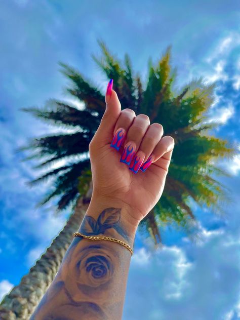 nail inspo, nail art designs, pink nails, pink ombre, blue nails, flame nails, nail design Pink And Blue Flame Nails, Blue Nails With Flames, Blue And Hot Pink Nails, Hot Pink Flame Nails, Dark Blue And Pink Nails, Blue Flame Nails, Ombre Blue Nails, Pink Flame Nails, Nail Art Designs Pink