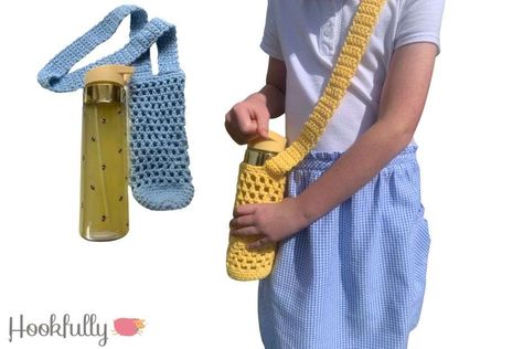 This kids crochet bottle holder is a free pattern. The child's crochet bottle bag has a cross body strap & simple mesh design suitable for little girls & boys. Water Bottle Cozy, Cute Crochet Ideas, Bottle Cozy, Wine Holders, New Craft Ideas, Aesthetic Gifts, Kids Crochet Pattern, Bottle Cozies, Kids Bottle