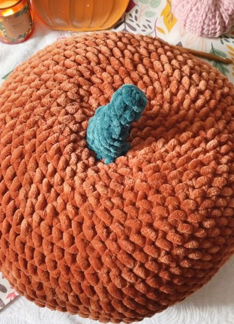 Crochet Pumpkin Cushion (Free Pattern) Crochet Pumpkin Cushion, Crochet Pumpkin Blanket Pattern, Pumpkin Pillow Crochet Pattern, Crochet Pumpkin Free Pattern Chunky Yarn, Crochet Pumpkin Pillow Free Pattern, Pumpkin Pillow Crochet, Thanksgiving Crochet Patterns Free, Crochet Pumpkin Pillow, Pumpkin Decor Diy