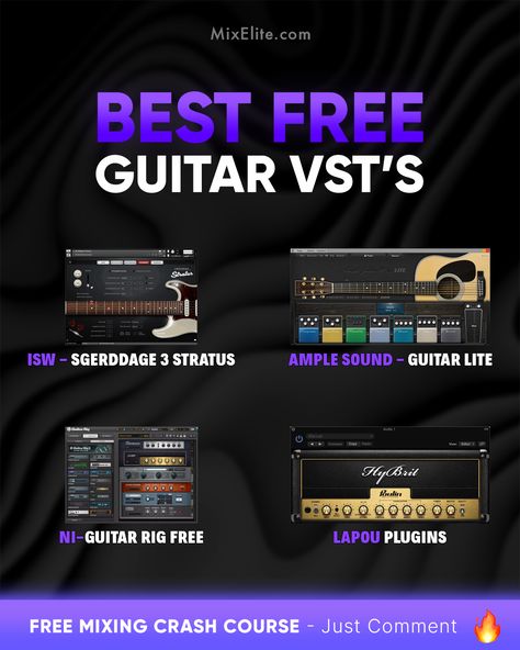 Free Mixing Crash Course 👉 MixElite.com/free-course
⁠
Top Free Guitar VSTs 🎸⁠
⁠

⁠
#GuitarVST #MusicProduction #HomeStudio #FreeVST #GuitarPlugins #AudioEngineering #ProducerLife #MusicProducer #StudioGear #DigitalMusicProduction Jazz Amp Settings, Producer Tips, Music Plugins, Amplifier Settings Guitar, Electric Guitar Amp Settings, Free Online Guitar Lessons, Music Hacks, Recording Studio Equipment, Sound Engineering