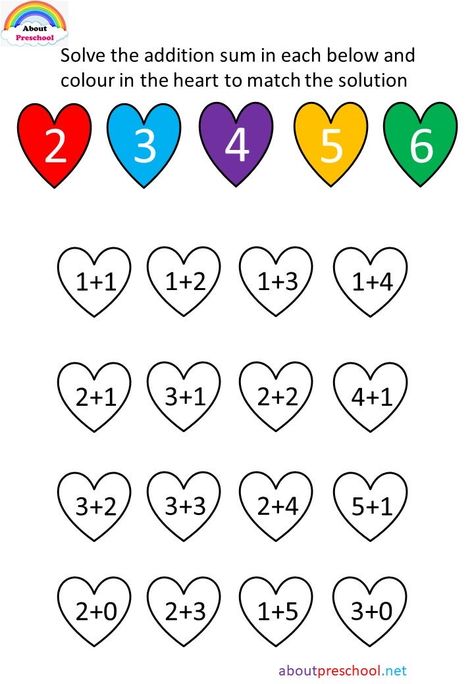 Heart Math, Math Valentines, Math Addition Worksheets, Mathematics Worksheets, Kids Worksheets Preschool, Math Coloring, Kids Math Worksheets, Kindergarten Math Worksheets, Math Activities Preschool