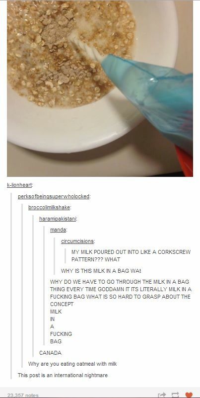 This post is an international disaster XD Oatmeal With Milk, Milk In A Bag, Uncultured Swine, Bagged Milk, I'm Scared, Country Humor, Funny Tumblr Posts, Drink Milk, Funny Pins