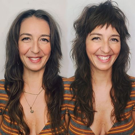 A before and after photo collage of a smiling, pretty brunette woman in a 70's inspired striped t-shirt rocking her new long, lived-in style shag haircut Long Bob Haircut With Layers, Shaggy Haircut, Shag Hairstyle, Shaggy Layers, Long Shag Hairstyles, Before And After Haircut, Short Shaggy Haircuts, Long Shag Haircut, Long Shag