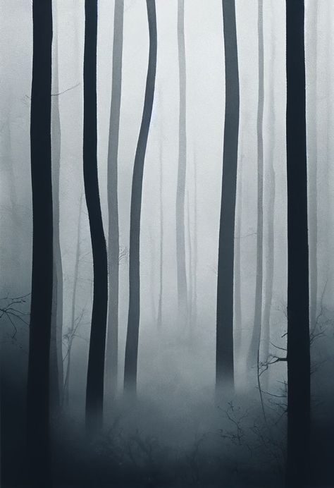 Forest black white fog dark Foggy Forest Black And White, Forest Painting Black And White, Foggy Forest Drawing, Forest Fog Painting, Black And White Forest Drawing, Spooky Forest Drawing, Forest Fog Aesthetic, Dark Forest Drawing, Fog Drawings