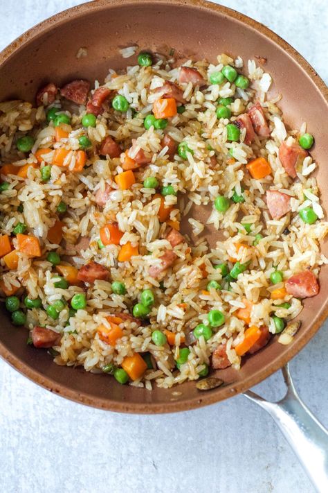 Fried Rice For One (Without Egg) | One Girl. One Kitchen. Fried Rice For One, Easy Fried Rice, Vegan Fries, Making Fried Rice, Leftover Rice, Quick Meal, Cooked Veggies, Frozen Vegetables, How To Cook Sausage