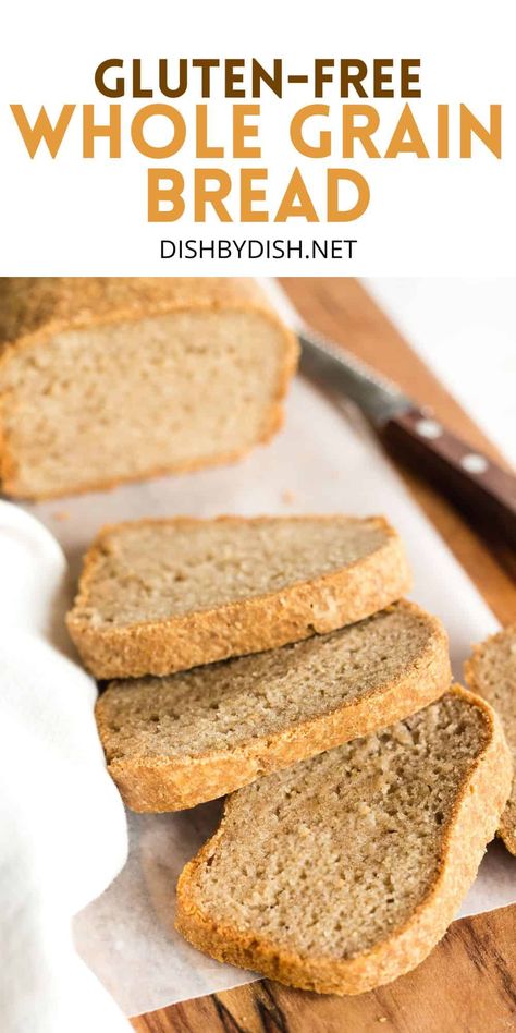 This hearty loaf of gluten-free whole grain bread is made with fiber-rich flours for an earthier flavor and taste. It's perfect for toasting and spreading with jam for breakfast, or making sandwiches for lunch or dinner too. Totally dairy-free and vegan as well. Bake a loaf or two of this gluten-free brown bread to enjoy homemade bread today! | gluten-free yeast bread | gluten free bread recipes | gluten-free baking Gluten Free Whole Grain Bread, Gluten Free Whole Grain Bread Recipe, Gf Bread Recipes, Buckwheat Flour Bread, Gluten Free Buckwheat Bread, Gluten Free Italian Bread, Gluten Free Bread Recipes, Gluten Free Artisan Bread, Gluten Free Bread Recipe