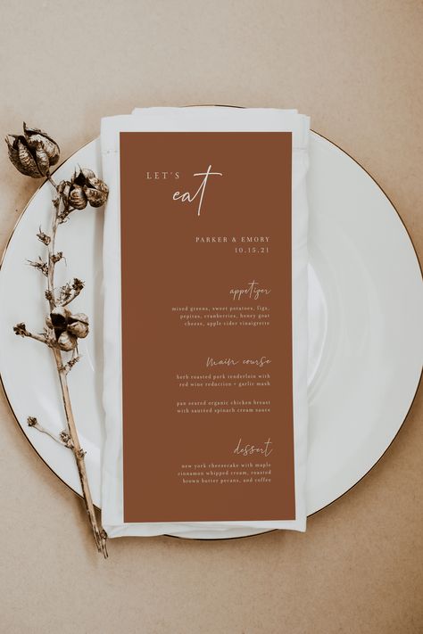 Boho Wedding Dinner, Dinner Menu Template, Wedding Announcement Cards, Wedding Dinner Menu, Terracotta Wedding, Wedding Menu Template, Shipping Envelopes, Wedding Menu Cards, Menu Card