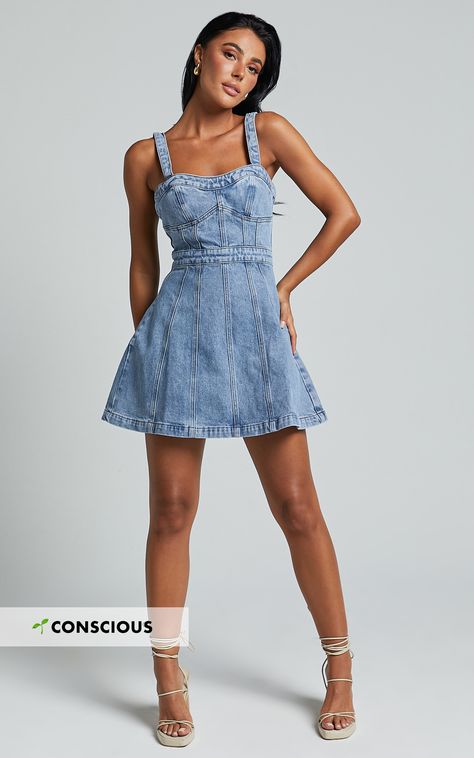 Get ready to turn heads in the Estonia Mini Dress! This denim dress in a mid blue wash is perfect for those casual yet stylish occasions. The sweetheart neckline adds a touch of femininity, while the sleeveless design keeps you cool and comfortable. Made from recycled cotton, this mini dress is not only fashionable but also sustainable. Pair it with your favorite sneakers or dress it up with heels for a versatile look that will take you from day to night effortlessly. Make a fashion statement wh Jean Dress Outfit, Nashville Fits, Fall Festival Outfit, Gameday Fits, Denim Photoshoot, Outfit Shein, Skirt Outfits Summer, Whimsical Dress, Spring Outfits Dresses