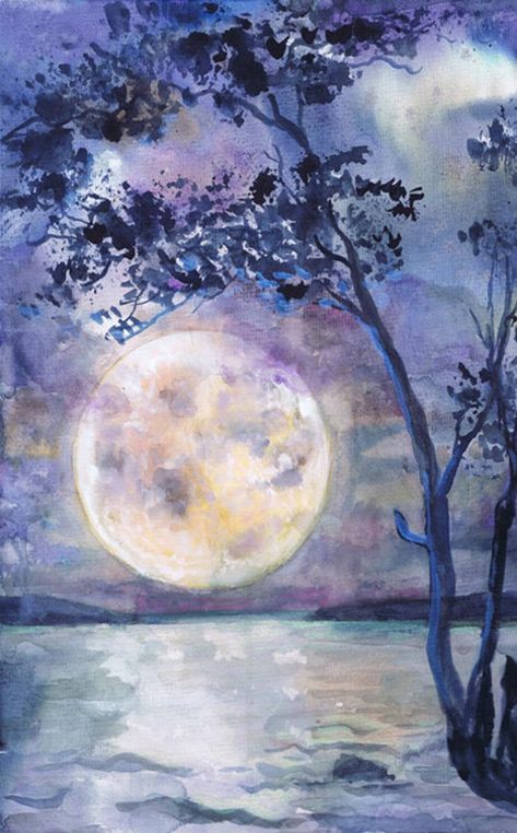 Full Moon Watercolor Painting, Moonscape Painting, Moon Painting Aesthetic, Watercolor Art Moon, Moon Art Drawing, Watercolor Therapy, Drawing Ideas Watercolor, Moon Painting Acrylic, Equine Art Abstract