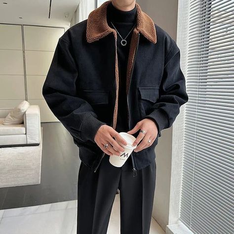 Fur Lined Jacket Men, Korean Winter Clothes Men, Korean Jacket Outfit Men, Korean Men Winter Outfit, Jackets Men Fashion Winter, Korean Men Winter Fashion, Japan Winter Outfits Men, Cool Male Outfit, Winter Male Outfits