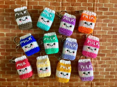 Crochet Milk Carton, Crocheted Keychains, Wine Crochet, Amigurumi Keychain, Crochet Keychains, Cozy Cover, Keychain Pattern, Keychain Crochet, Quick Crochet Patterns