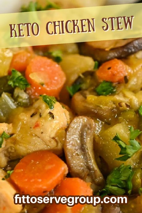 Close up image of keto chicken stew Paleo Chicken Stew Recipes, Low Carb Chicken Stew Crock Pot, Keto Chicken Stew Crockpot, Chicken Stew Keto, Low Carb Stews And Soups, Slow Cooker Chicken Stew Recipes Healthy, Low Carb Chicken Stew, Keto Chicken Vegetable Soup, Keto Soups And Stews Crockpot