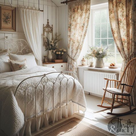 cottage bedroom decor, spring bedroom decorating ideas, cozy bedroom inspiration, cottagecore aesthetic, rustic bedroom decor, white wood paneling, lace and ruffles in bedroom decor, canopy bed styling, layered bedding and pillows, vintage bedroom decor, natural wood accents, floral wallpaper, potted plants in bedroom, cozy reading nook ideas, cottage style home decor, spring home decor trends, romantic bedroom ideas, soft lighting for bedrooms, and rustic chic bedroom decor. Vintage Floral Bedroom Cottage Style, Cottage Style Bedroom Master Suite, English Country Bedroom Cottage Style, Cottage Girls Room, French Countryside Bedroom, Bedroom Inspirations Romantic, Vintage Cottagecore Bedroom, Cottage Bedroom Aesthetic, Cottagecore Decor Ideas