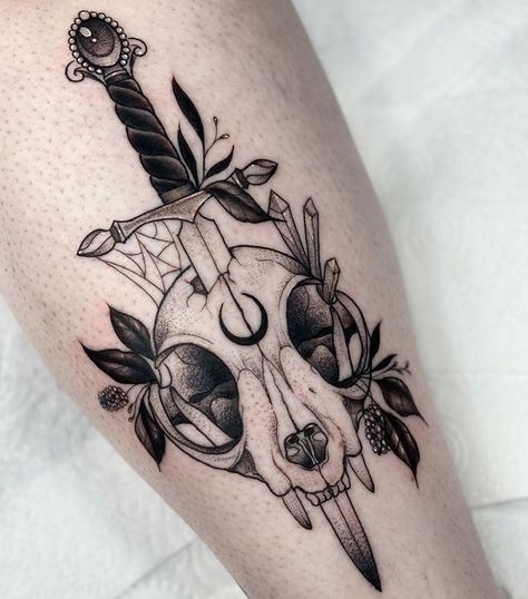 Witch Skull Tattoo, Women Dagger Tattoo, Goth Skull Tattoo, Gothic Cat Tattoo, Skull And Dagger Tattoo, Skull Dagger Tattoo, Dagger Chest Tattoo, Cat Skull Drawing, Occult Tattoos