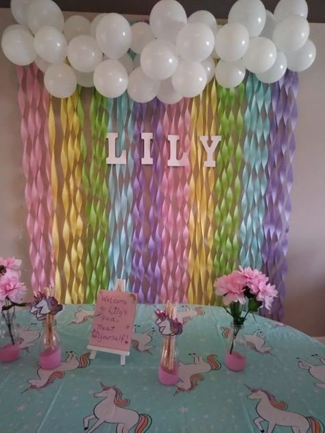 Rainbowcorns Party, Pastel Rainbow Food Ideas, Rainbow Unicorn Backdrop, Unicorn 3rd Birthday Party Decorations, Unicorn Bday Decorations, Unicorn Party Backdrop Ideas, Unicorn Theme Backdrop, Unicorn Themed Birthday Party Backdrop, Unicorn And Dinosaur Party Decorations