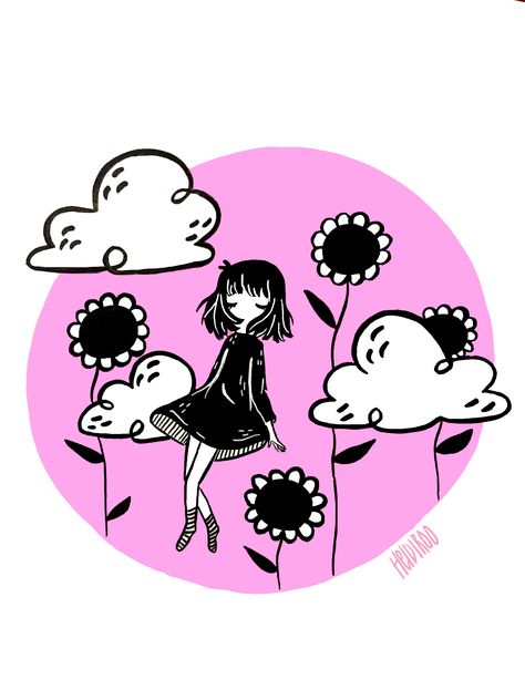 Heidiroo_Art girl floating in clouds and flowers Heidiroo Art, Floating In Clouds, Clouds And Flowers, Clouds Pink, Black Illustration, Anime Wallpapers, Art Girl, Anime Wallpaper, Pink White