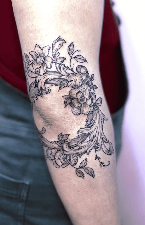 Elbow Tattoo Design Images (Elbow Ink Design Ideas) Cool Elbow Tattoos For Women, Elbow Piece Tattoo, Female Elbow Tattoo Ideas, Tattoo Space Filler Ideas For Women, Elbow Cap Tattoo, Filigree Elbow Tattoo, Elbow Frame Tattoo, Honeycomb Elbow Tattoo, Women’s Tattoo Elbow