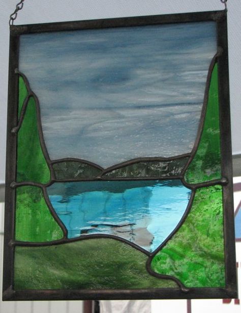 Stained glass lake scene Stained Glass Lake Scene, Stained Glass Landscape, Lake Theme, Window Crafts, Glass Art Pictures, Glass Painting Designs, Making Stained Glass, Art Hobbies, Glass Mosaic Art