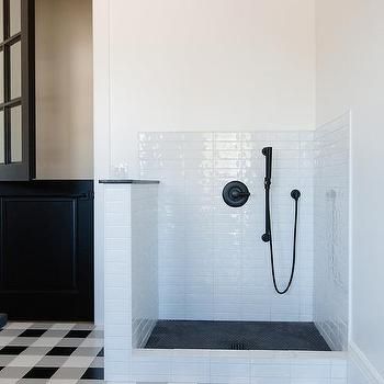 Mudroom Dog Shower Design Ideas Dog Shower In Garage, Long Mudroom, Contemporary Laundry, Cottage Laundry, Contemporary Laundry Room, Floor Tiles Design, Black Brick Wall, Laundry Room/mud Room, Grey Subway Tiles