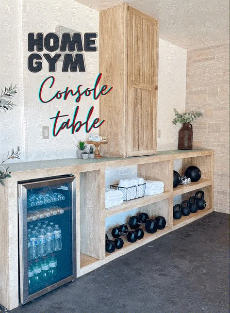 Gym Drink Station, Gym Shelf Ideas, Home Gym Shelves, Home Gym Weight Storage, Gym Weight Storage, Home Office Gym Combo, At Home Gym Room Small Spaces, Small Workout Room Ideas, New Home Organization