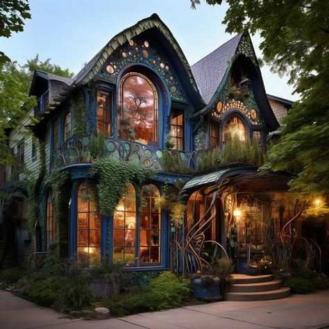 Maximalism House Exterior, Maximalist Exterior House, Maximalist House Exterior, Fantasy House Exterior, Hippie House Exterior, Fey Forest, Boho Exterior House, Boho House Exterior, Witch Houses