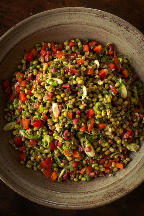 The colors alone make us want this Mung Bean Salad With Pomegranate. The Turkish chef Musa Dagdeviren shared this recipe with Wall Street Journal for a salad packed with pomegranate, a fruit rich in antioxidants believed to be beneficial to brain function. If you can’t find fresh seeds, frozen ones will work nicely here. #vegan #glutenfree Mong Beans Recipe, Heath Meals, Mung Bean Recipes, Mung Bean Salad, Vegan Bean Salad, Salad With Pomegranate, Fresh Fruit Salad, Bean Salad Recipes, Turkish Food