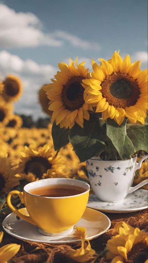 Sunflowers Wallpaper, Flowers Coffee, Sun Flowers, Sunflower Wallpaper, Coffee Aesthetic, Good Morning Coffee, Have A Beautiful Day, Fun Cup, Coffee Cafe