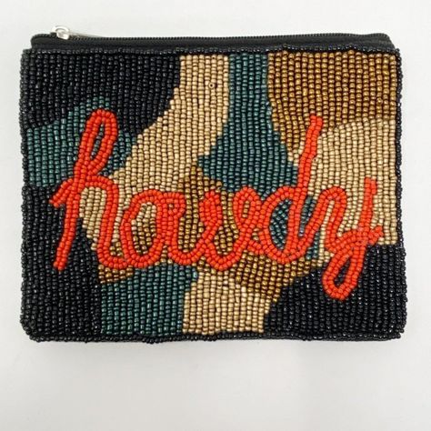 Howdy Camo Beaded Coin Purse Gorgeous Hand Sewn Seed Beaded Coin Purse. Great For Cards, Lipstick, Etc. Zipper Closure. Color: Blackcotton With Camo Background, Howdy In Orange Beads. Dimensions: 6" Wide X 5" Tall Howdy Country Southern Draw Black Green Gold Tan Camo Camo Background, Draw Black, Beaded Coin Purse, Betsey Johnson Wallet, Leather Credit Card Wallet, Purse Boutique, Leather Billfold, Louis Vuitton Wallet Zippy, Plush Bags