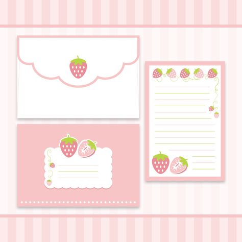 Birthday Letter Template, Cute Easy Paper Crafts, Sanrio Notes, Kawaii Envelopes, Envelope Design Template, Kawaii Printables, Sending Letters, Paper Letters, Pink Strawberries