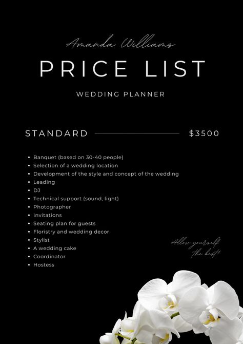 White Elegant Aesthetic, Wedding Price List, Wedding Poster Design, Event Planning Checklist Templates, Event Planers, Event Planning Contract, Price List Design, Event Business, Event Planning Checklist