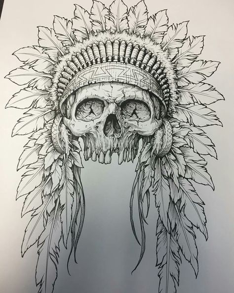 Native Skull Tattoo Design, Native American Skeleton Tattoo, Native American Chief Drawing, Mikmaq Tattoo, Indian Skull Drawing, Indian Headdress Drawing, Skull And Headdress Tattoo, Skull Indian Tattoo, Native Skull Tattoo