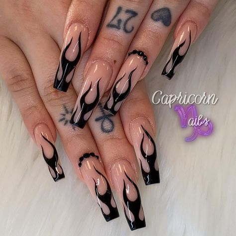 Capricorn Nails’s Instagram photo: “𝔏𝔞 𝔉𝔩𝔞𝔪𝔢 🖤 ——————————————————— Using @valentinobeautypure Glamorous Nude Black Gel polish for Flames 🔥” Black Flame Almond Nails, Nails Black Flames, Black Nails With Flame Design, Black With Flames Nails, Black Nail Designs Flames, Capricorn Nails, Black Gel Polish, Anniversary Nails, Goth Nails