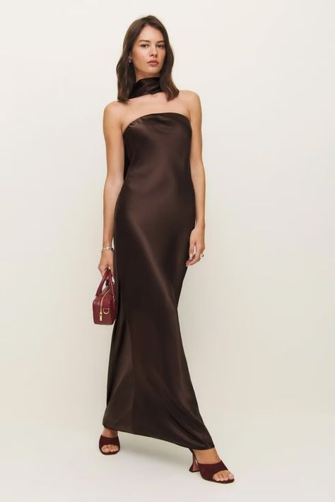 Oren Silk Dress Dark Brown Bridesmaid Dresses, Silk Dress Strapless, Black Tie Gowns, Natalie Rolt, Best Wedding Guest Dresses, Charmeuse Fabric, Capsule Wardrobe Essentials, Work Wear Outfits, Fall Wedding Guest Dress