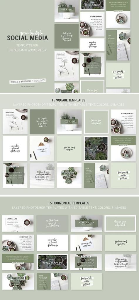 Instagram Concept Design, Content Social Media Design, Instagram Square Layout Design, Green Social Media Template, Green Instagram Feed, Green Instagram Template, Module Architecture, Social Media Theme, Green Feed