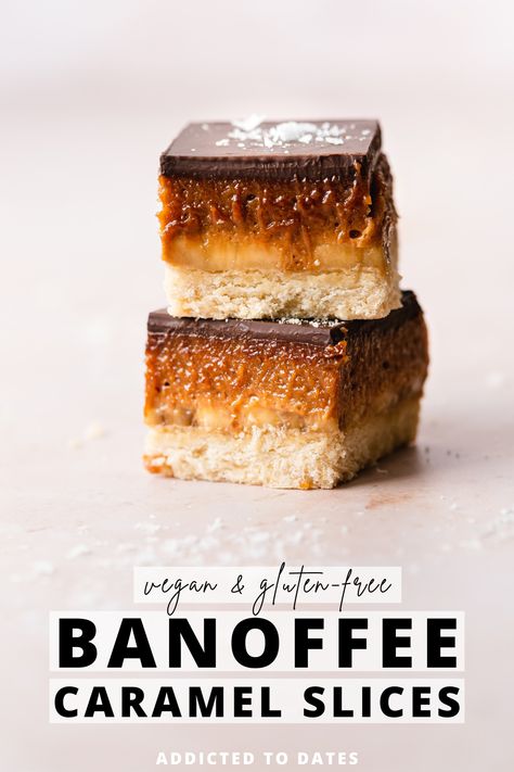 Vegan Banoffee, Millionaires Shortbread, Millionaire's Shortbread, Peanut Butter Caramel, Vegan Chocolate Bars, Sliced Banana, Vegan Pastries, Refined Sugar Free Recipes, Banana Peanut Butter