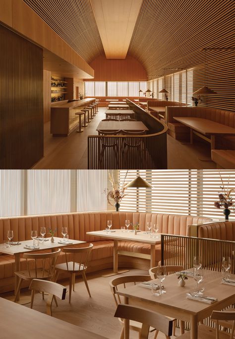 Omar Gandhi Architects’ Toronto restaurant mimics a light-filled wooden cathedral Organic Modern Restaurant, Danish Restaurant Design, Wooden Restaurant Design, Omar Gandhi, Cake Restaurant, Scandinavian Cafe, Kyoto Hotel, Resturant Logo, Soup Restaurant