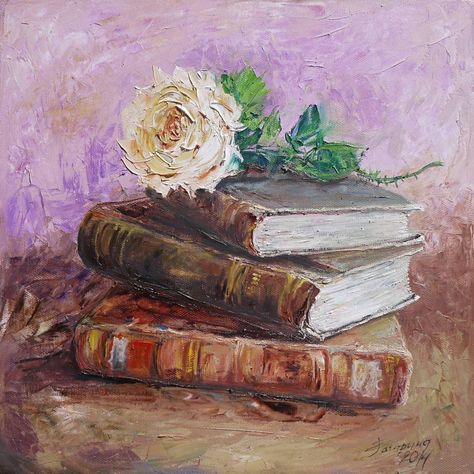 Books Painting Art, Book With Flowers Painting, Books And Flowers Painting, Library Acrylic Painting, Book Still Life, Book Paintings, Books Painting, Oil Painting Books Still Life, Book Painting