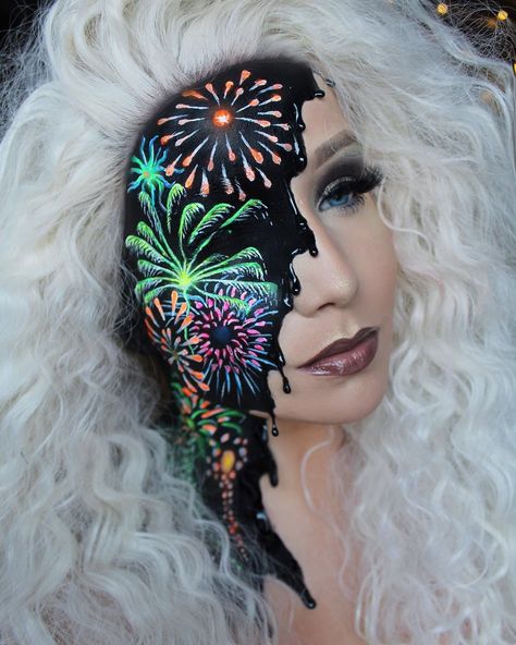 Firework Makeup, July Makeup, Crazy Eye Makeup, 4th Of July Makeup, Halo Eye Makeup, New Year's Makeup, Face Paintings, Crazy Eyes, Bonfire Night