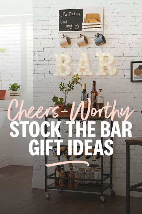 stock the bar wedding gift ideas Stock The Bar Party Gift Ideas, Stock The Bar Party Food Ideas, Gifts For A Bar, Bar Gift Ideas, Bar Gift Basket Ideas, Bar Baskets Gift Ideas, Stock The Bar Party Ideas Housewarming, Stocking A Bar, Stock The Bar Gift Ideas