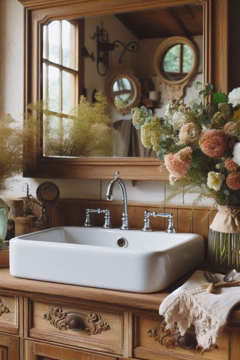 Bring country charm to your bathroom with this farmhouse-style vanity featuring a classic apron sink. #FarmhouseStyle #ApronSink Farmhouse Bathroom Sink, Farmhouse Fresh, Apron Sink, Vanity Ideas, Sink Vanity, Country Charm, Farmhouse Bathroom, Vanity Sink, Bathroom Sink