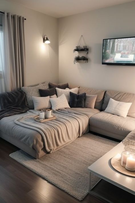 Simple Living Room Aesthetic, Small Studio Living Room Ideas, Cozy Apartment Living Room Ideas, Cosy Minimalist Home, Simple Living Room Decor On A Budget, One Person Apartment, Small Apartment Ideas On A Budget, Light Brown Couch Living Room Ideas, Gray Beige Living Room